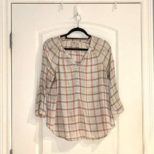 Joie blue and coral button front plaid blouse